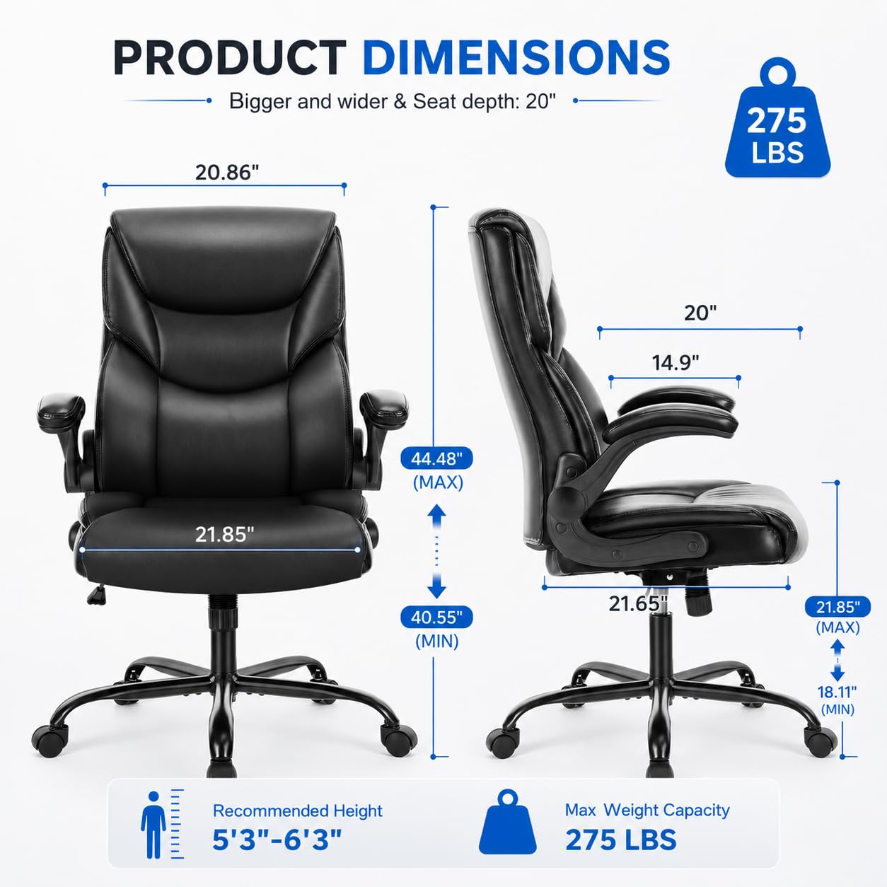 Ergonomic PU Leather Office Chair - Executive Computer Desk Chair with Lumbar Support & Wide Seat, Adjustable Height Task Chair with 360° Swivel & Quiet Wheels for Home Office, Gaming, Black