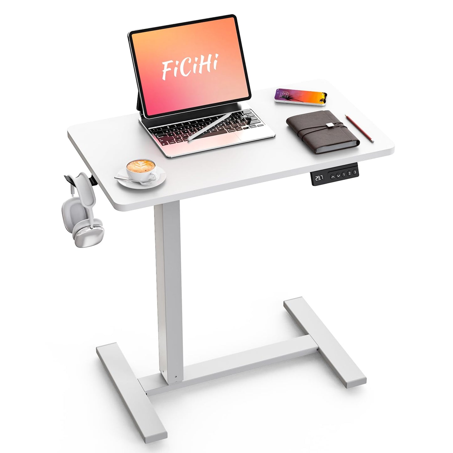 FiCiHi Electric Standing Desk with Wheels – Adjustable Height Mobile Sit-Stand Laptop Table, Portable Rolling Small Computer Workstation for Home Office & Bedside Use (28"x16", White)