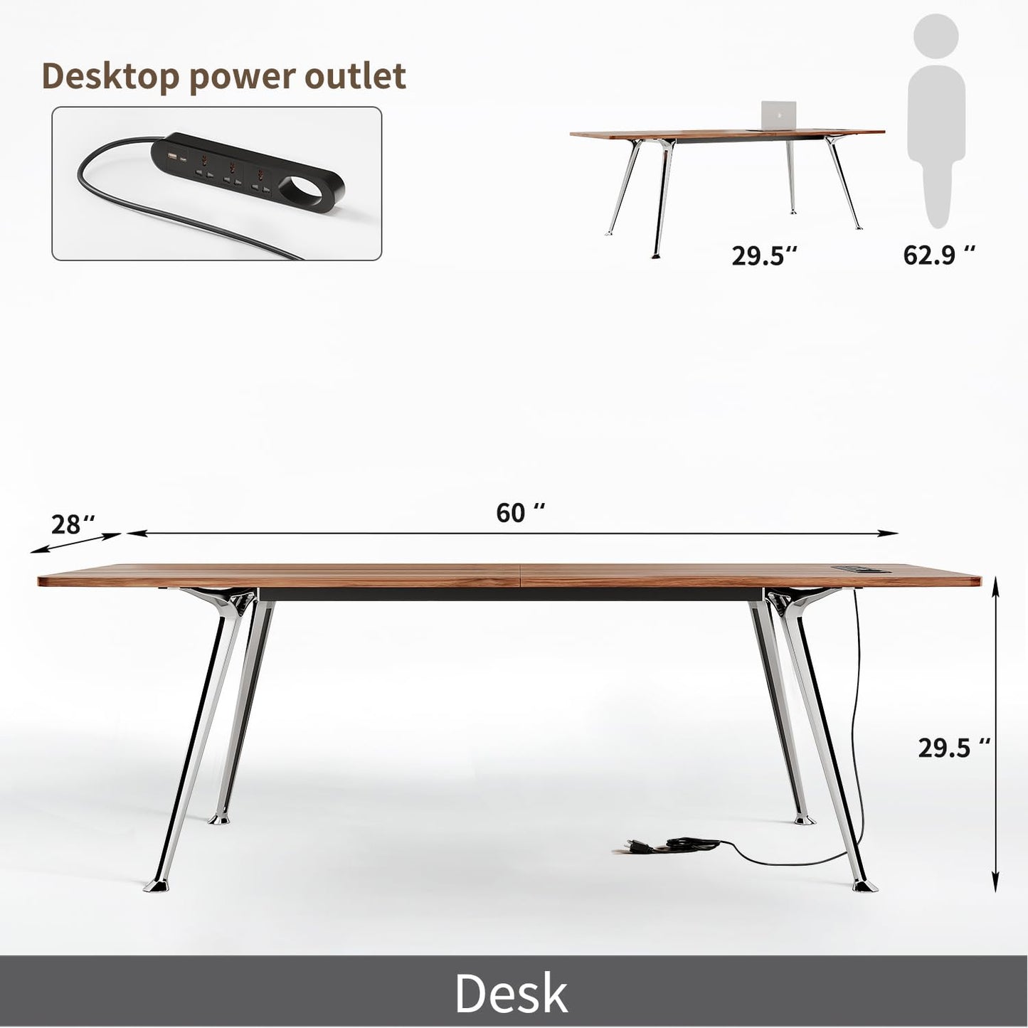 60-Inch Executive Desk, Modern Desk for Home Office, Wooden Study Writing Work Table with Power Outlets and USB-C Port, Large Legroom, Sturdy Metal Frame, Mid-Century Modern Simple, Walnut Brown