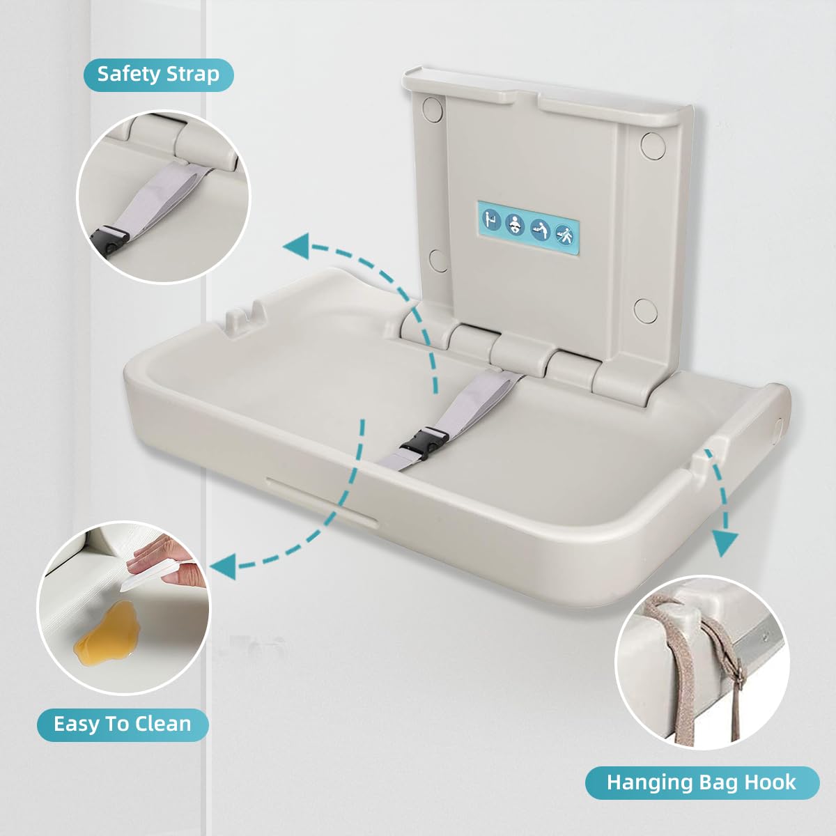 Modundry Wall Mounted Baby Changing Station - Horizontal Baby Changing Table Foldable Diaper Tables with Safety Strap for Commercial Bathroom，White Granite