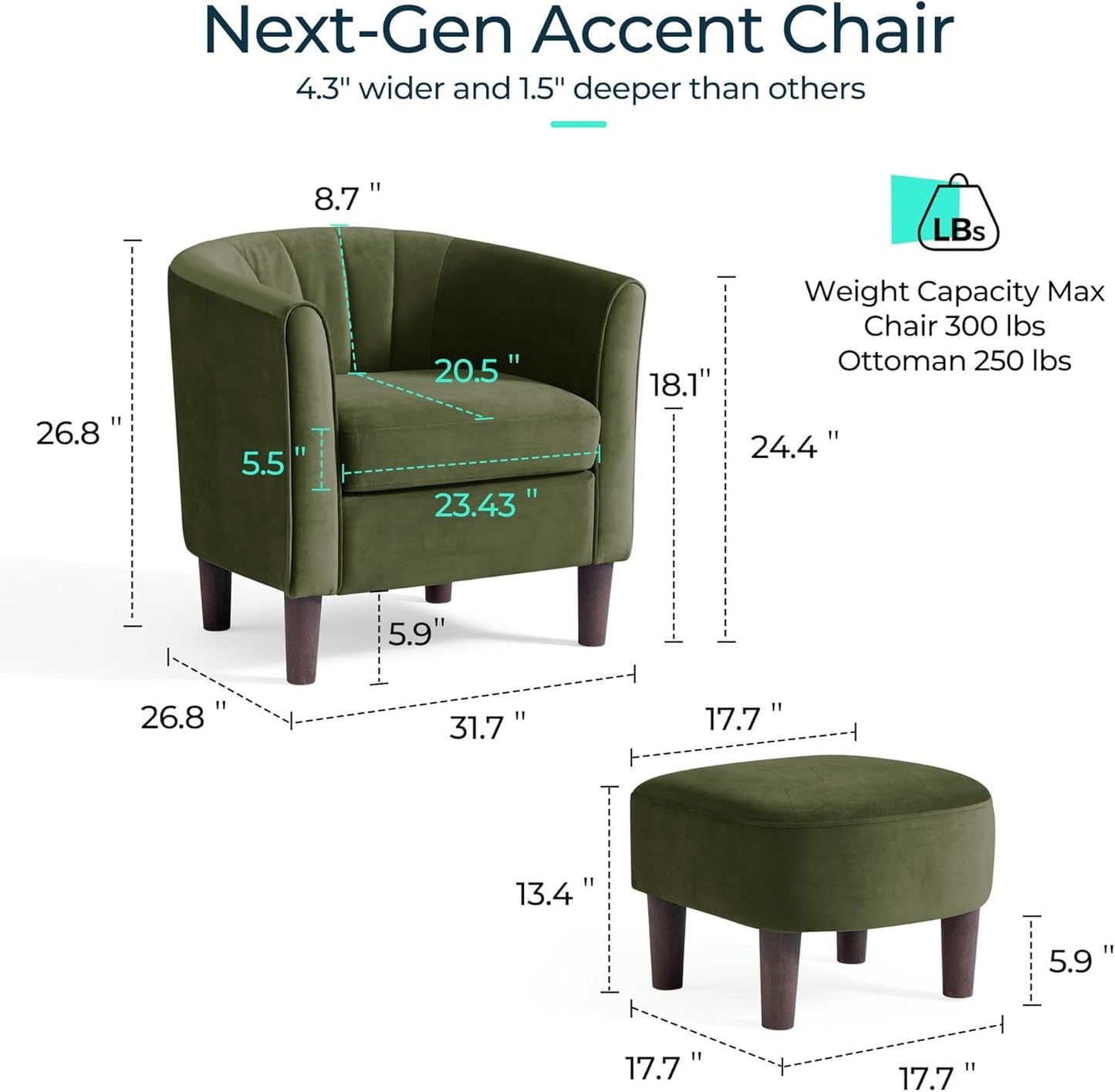 LINSY Accent Chair with Ottoman, Modern Armchair Comfy Barrel Reading Chair with Footrest for Living Room Bedroom Reading Room, Velvet, Olive Green
