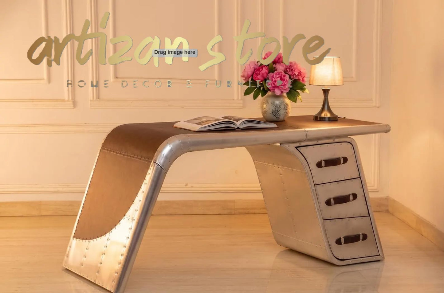 ARTIZANSTORE Industrial Aviator Wing Desk Handcrafted Aluminum Style with Leather Top Finish Office Furniture 68"