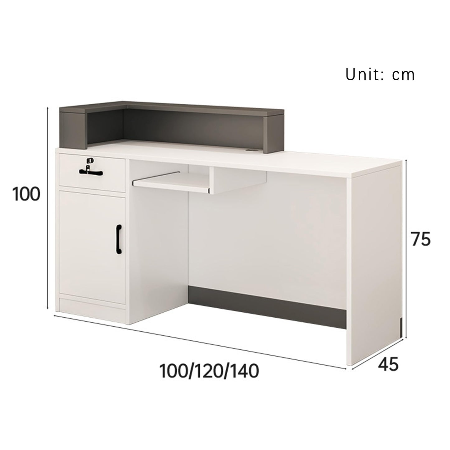 JQslycdmv Little Modern Wooden Reception Desk with Locking Drawers & Cupboards - Perfect for Salons, Offices, Hotels, and Stores(Grey – Left,100cm)