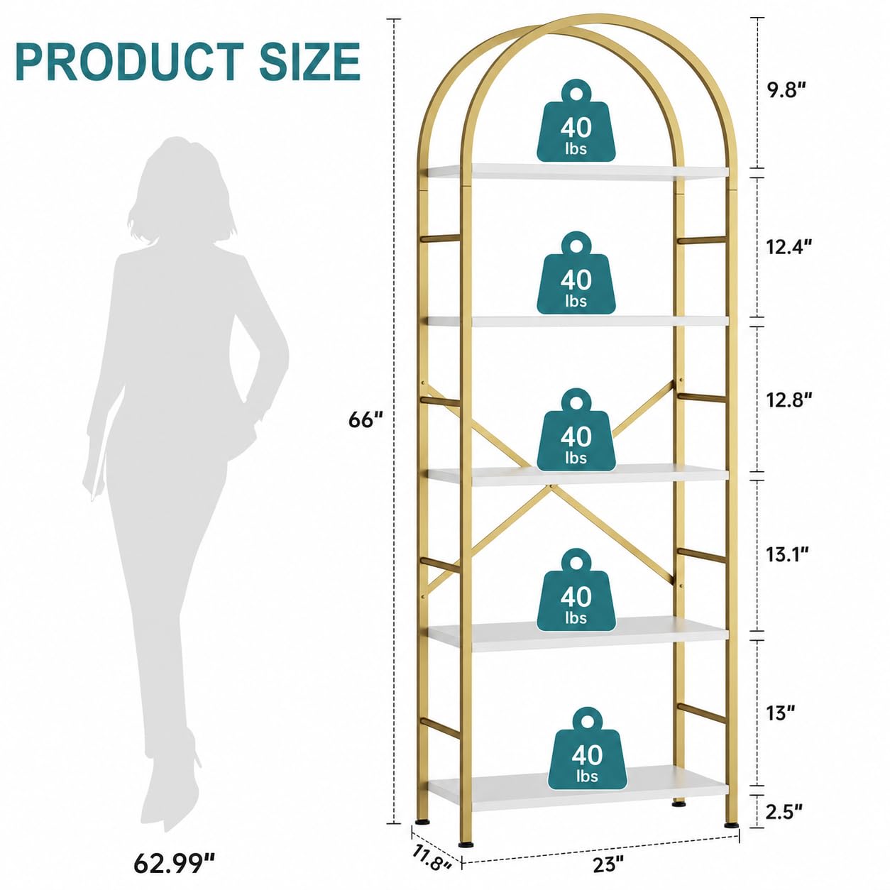 Shintenchi Bookshelf, Arched Bookshelf 5 Tier Bookcase Shelf for CDs/Books, Home Office Bookcase Shelf Storage Organizer, Modern Book Shelf for Bedroom/Living Room, Gold