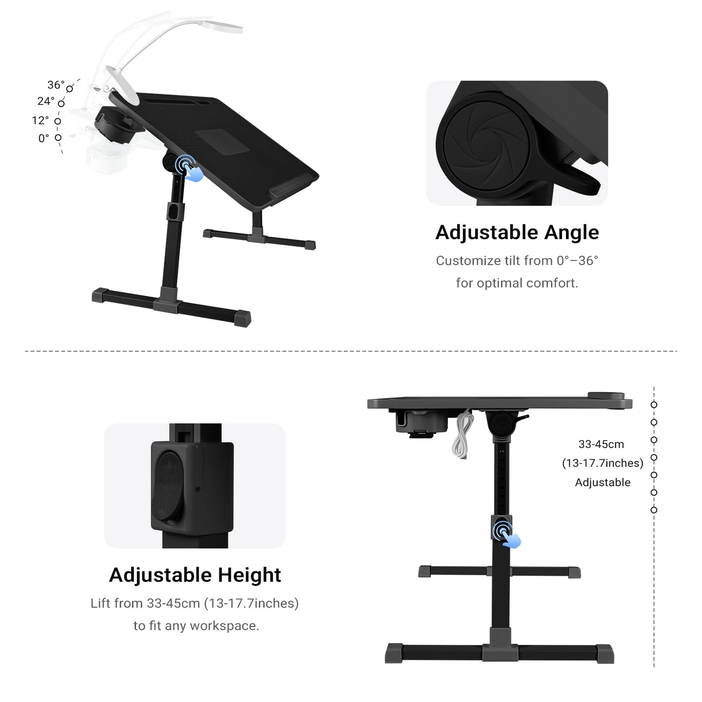 iXTRA Laptop Lap Desk with Cooling Fan - Adjustable Bed Desk with Light, Bed Table with Cup Holder&Phone Holder - Storage Drawer Desk - Folding Bed Desk,Black,70x45cm