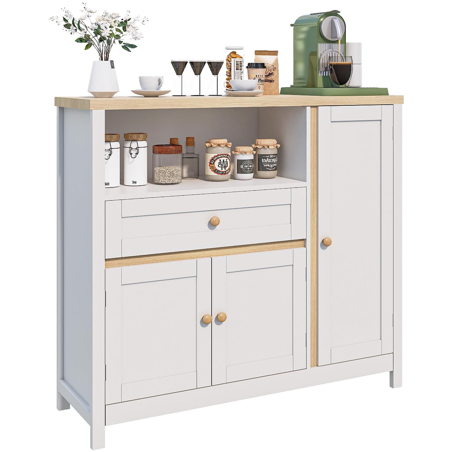 Viaozutis Coffee Bar Cabinet with Doors and Drawer, 35.4" Kitchen Storage Cabinet with Adjustable Shelf, Freestanding Buffet Sideboard for Dining Room, Bathroom, Entryway, White