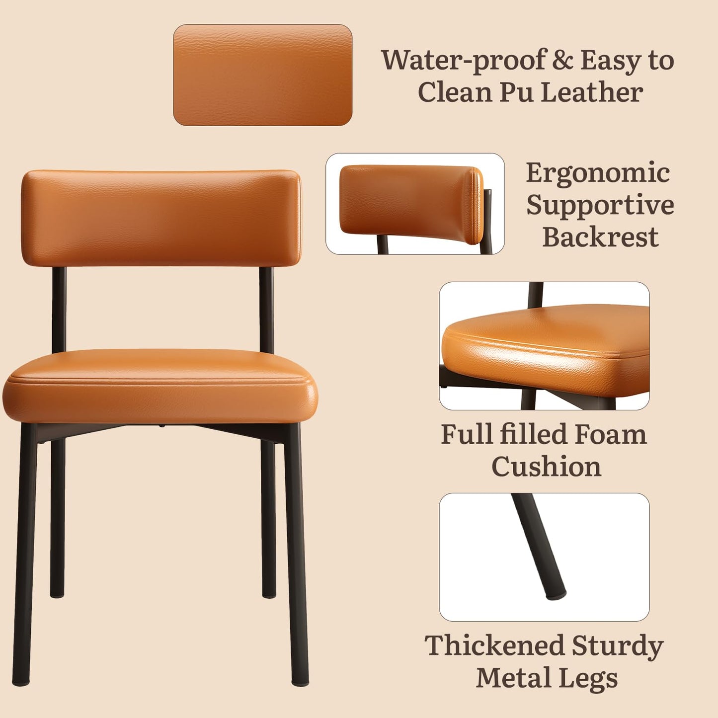 LUCKIIA Dining Chairs Set of 2 Leather Upholstered Modern Mid Century Kitchen Dining Room Chairs with Metal Legs (Brown)