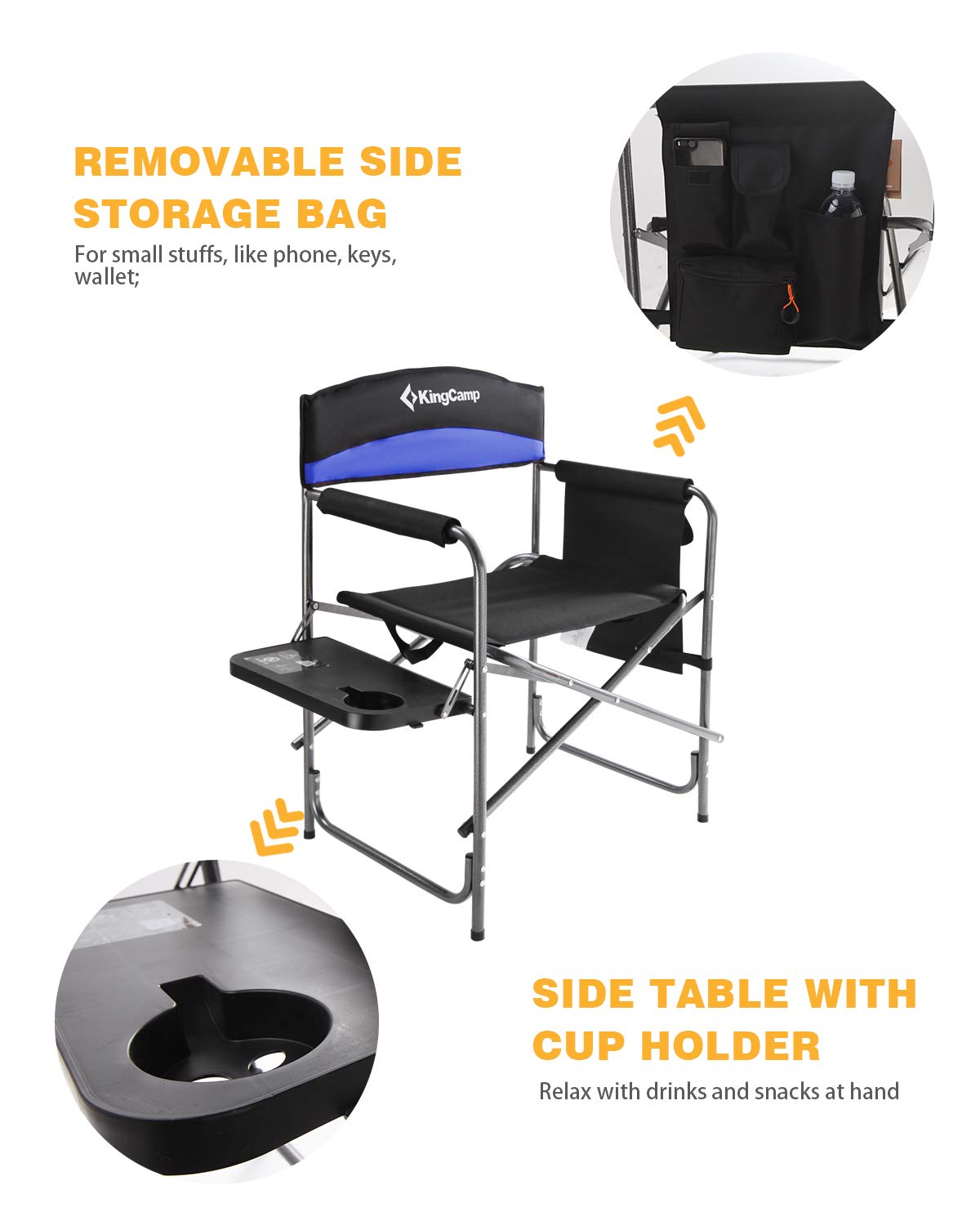 KingCamp Portable Camping Chair, Folding Directors Chair Compact Outdoor Chair with Side Table Cup Holder for Beach Trip Tailgating Lawn Sports Backpacking Fishing Picnic, Blue
