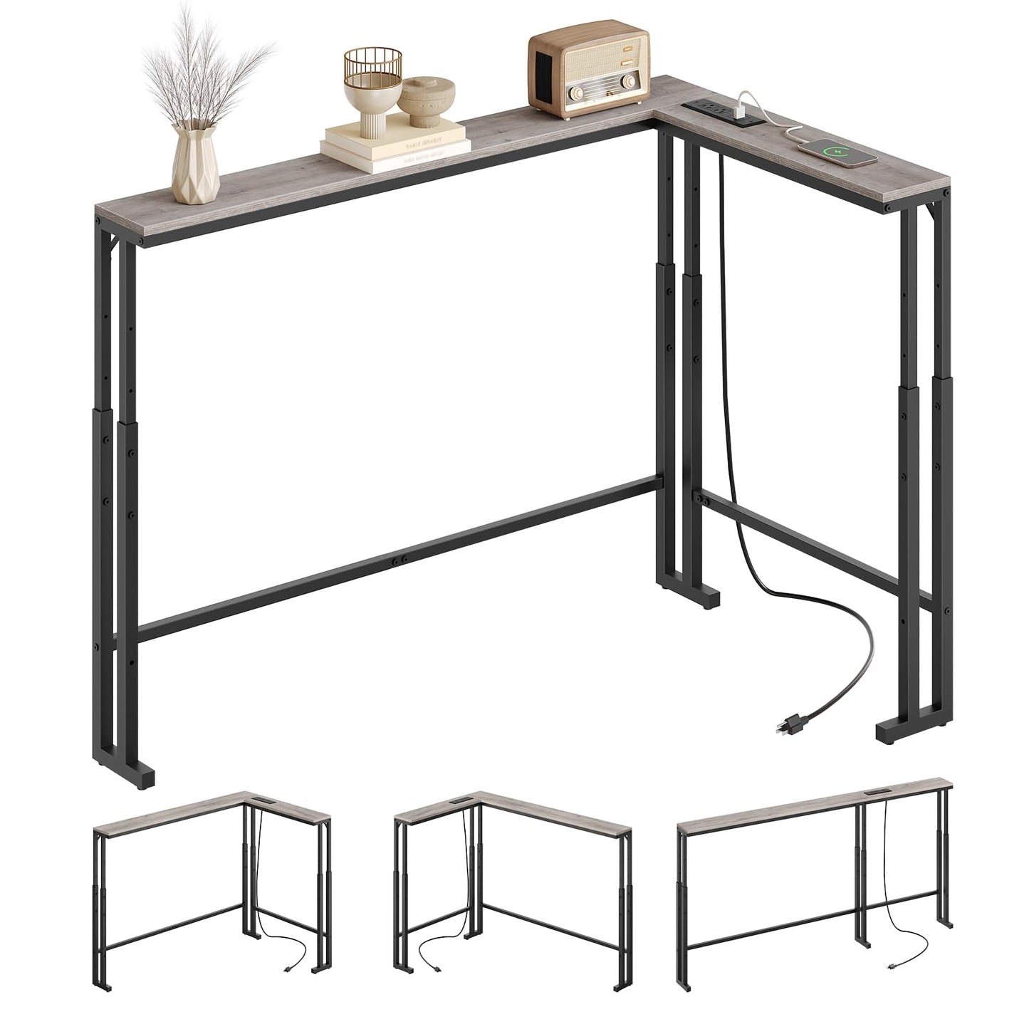 YATINEY 70.9" Narrow Console Table with Adjustable Height (27.6"-35.4"), L Shaped Sofa Table Narrow Long, Skinny Behind Couch Table with USB-C Ports, 5.9" Wide Sofa Side Table, Greige CT28UBG