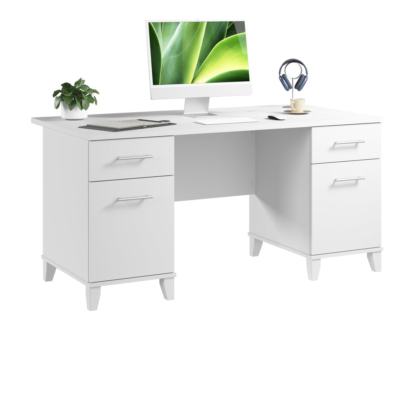 Bush Home 60-Inch Office Desk with Drawers, Computer Desk with File and Box Drawers, Home Office Workstation with Storage Cabinet, Writing Desk Furniture, Somerset Collection, White