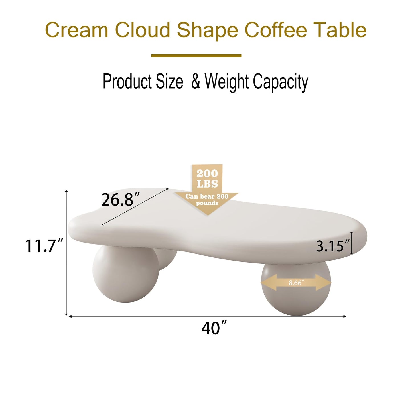 KEIKI 40" Cloud Shaped Coffee Table with 3 Ball Legs, Low Modern Wooden Coffee Table for Living Room, Office, or Small Spaces, Cream White