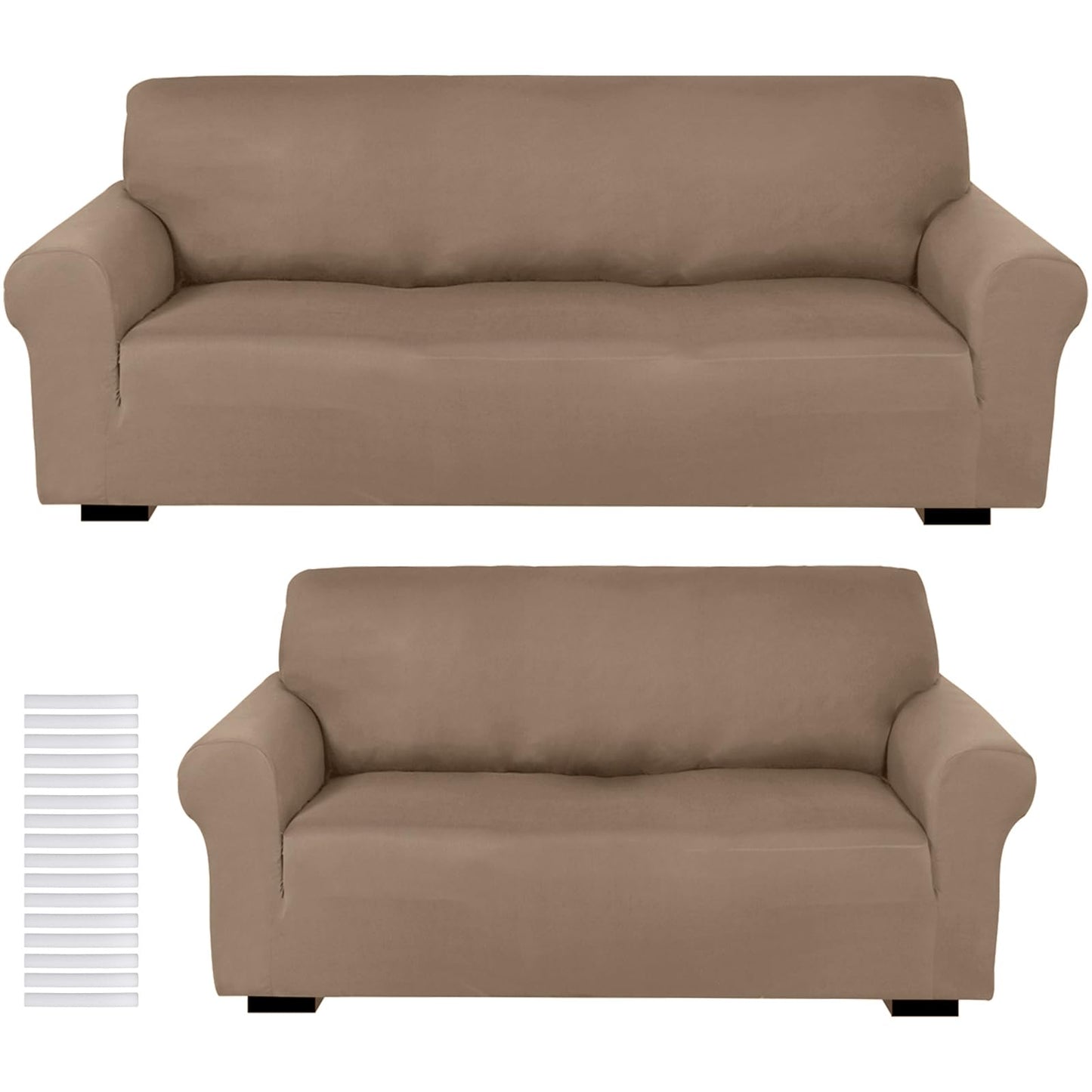 Peryiter 2 Pcs Sofa Covers Couch and Loveseat Covers Set Stretch Sofa Slipcover for Living Room Armchair Furniture Protector, Wrinkle Proof(Camel,Milk Silk)
