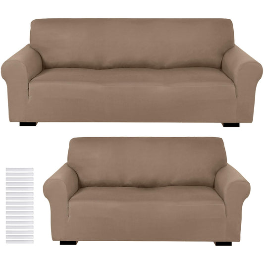 Peryiter 2 Pcs Sofa Covers Couch and Loveseat Covers Set Stretch Sofa Slipcover for Living Room Armchair Furniture Protector, Wrinkle Proof(Camel,Milk Silk)