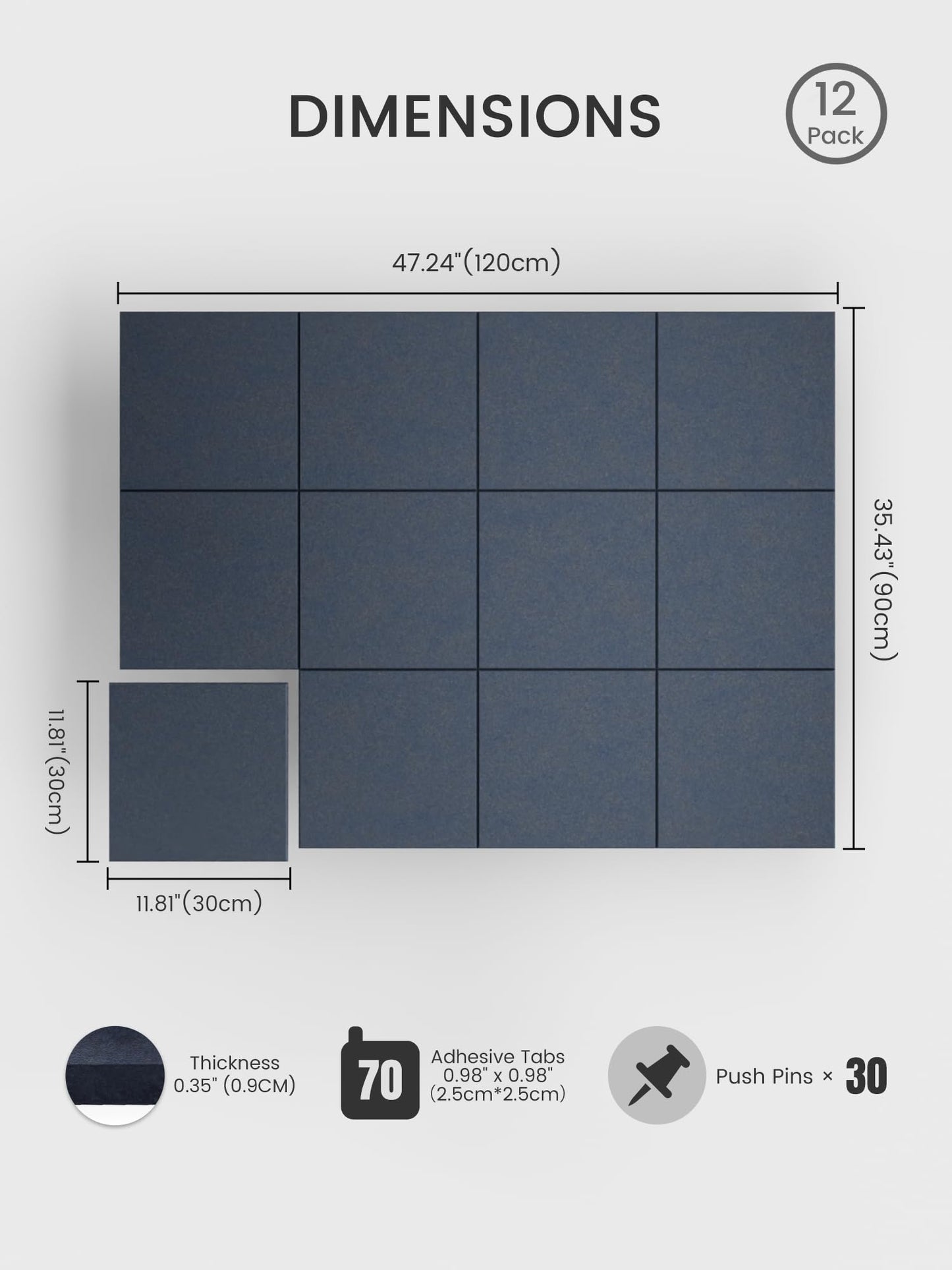 Bumusty Large Cork Board 48" x 36" Alternative - 12 Pack Felt Wall Tiles with 70 Safe Removable Adhesive Tabs, 30 Pushpins, Cork Boards for Walls Bulletin Board Office Decor (Deep Charcoal Blue)