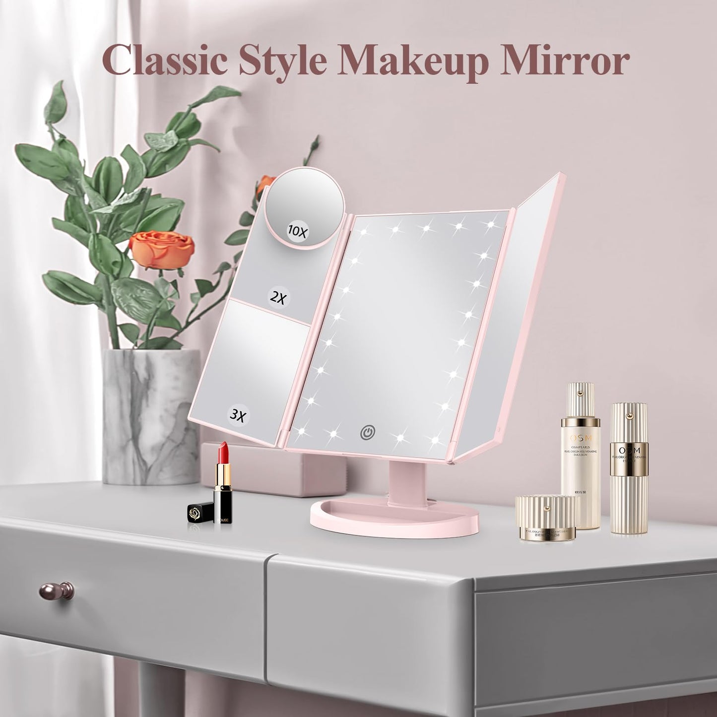 HUONUL Makeup Mirror, Vanity Mirror with Lights, 2X/3X/10X Magnification, Touch Control, Trifold, Dual Power Supply, Birthday Gifts for Women, Wife, Mom, Girls,Dorm Room Essentials