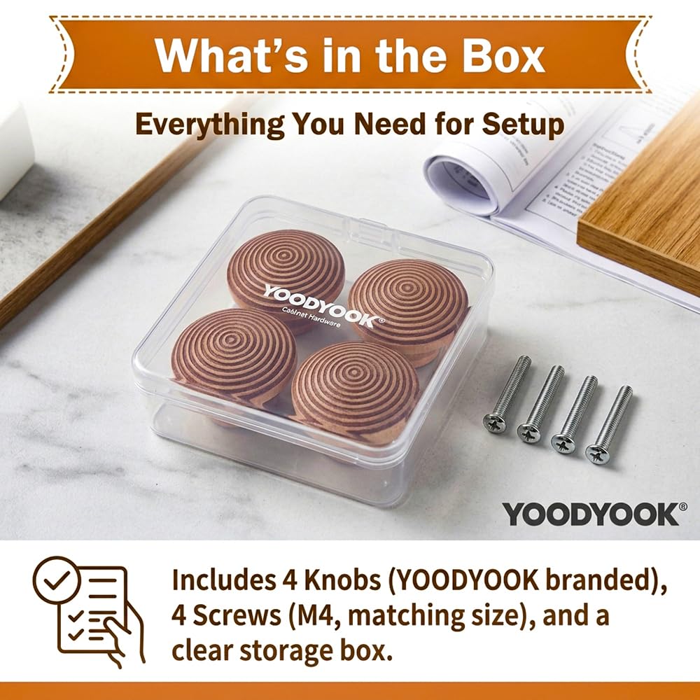 YOODYOOK 4 Pack Wooden Drawer Knobs - Handmade Cabinet Knobs with Easy Installation for Kitchen Cabinets & Dresser Drawers, Boho Unique Wood Knobs for Home & Office Furniture Decor