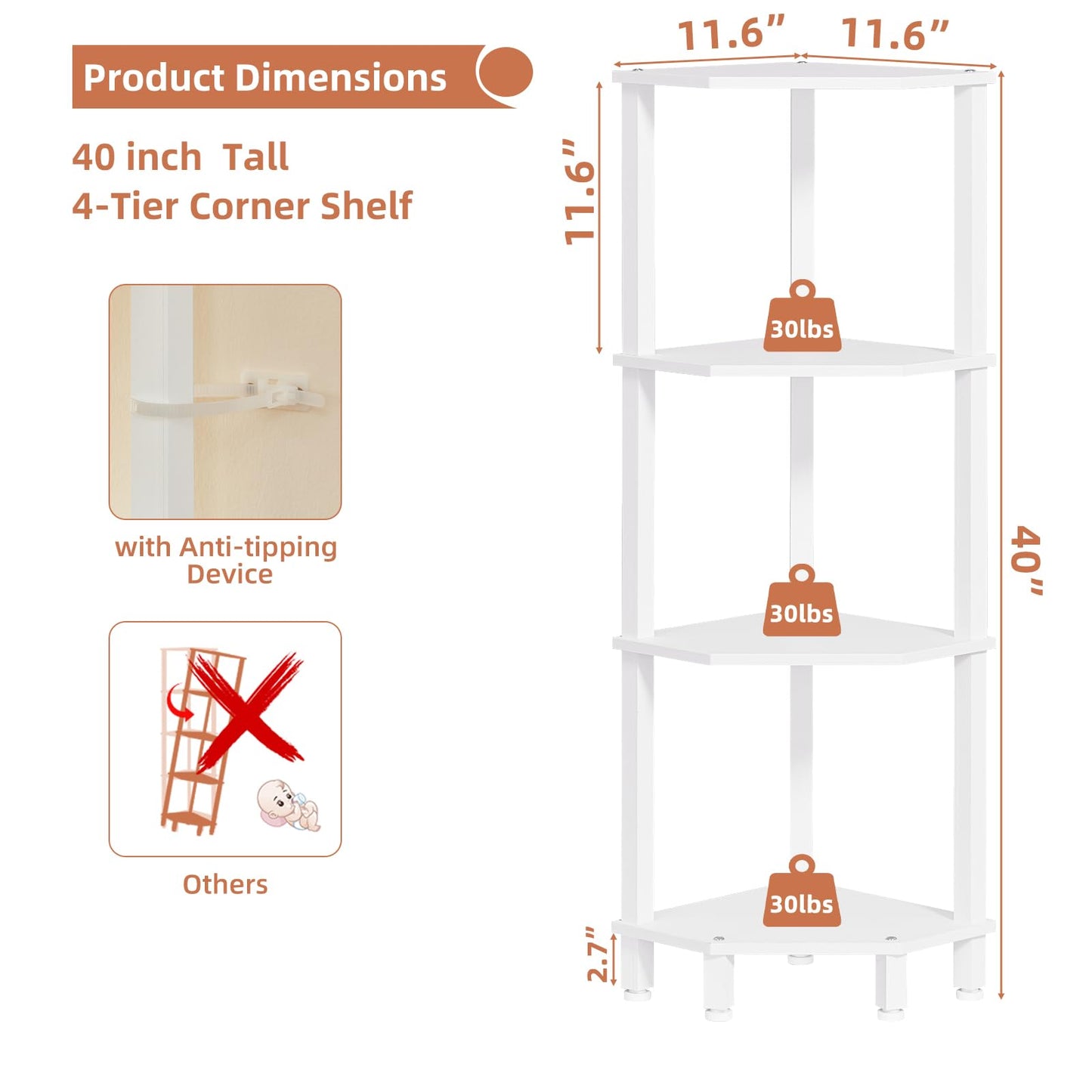 YUFAM 4-Tier Corner Shelf with Sturdy 5-Leg Base, Wooden Corner Bookshelf for Small Spaces, Corner Standing Shelf for Living Room, Bedroom, Office, White