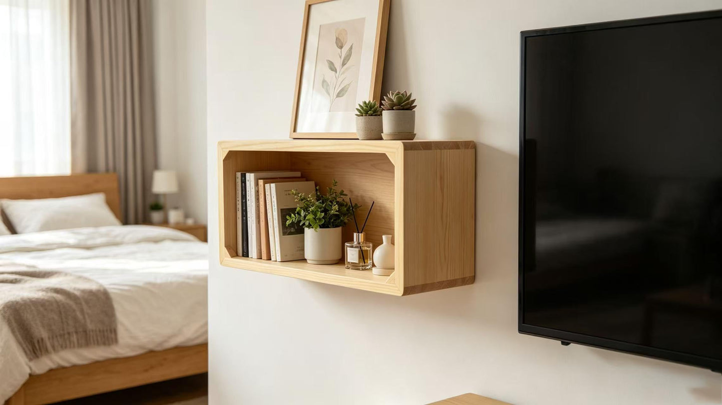 LUOFENGYANG Floating Bedside Shelf, Wall Mounted Nightstand with Storage Space, Natural Wood