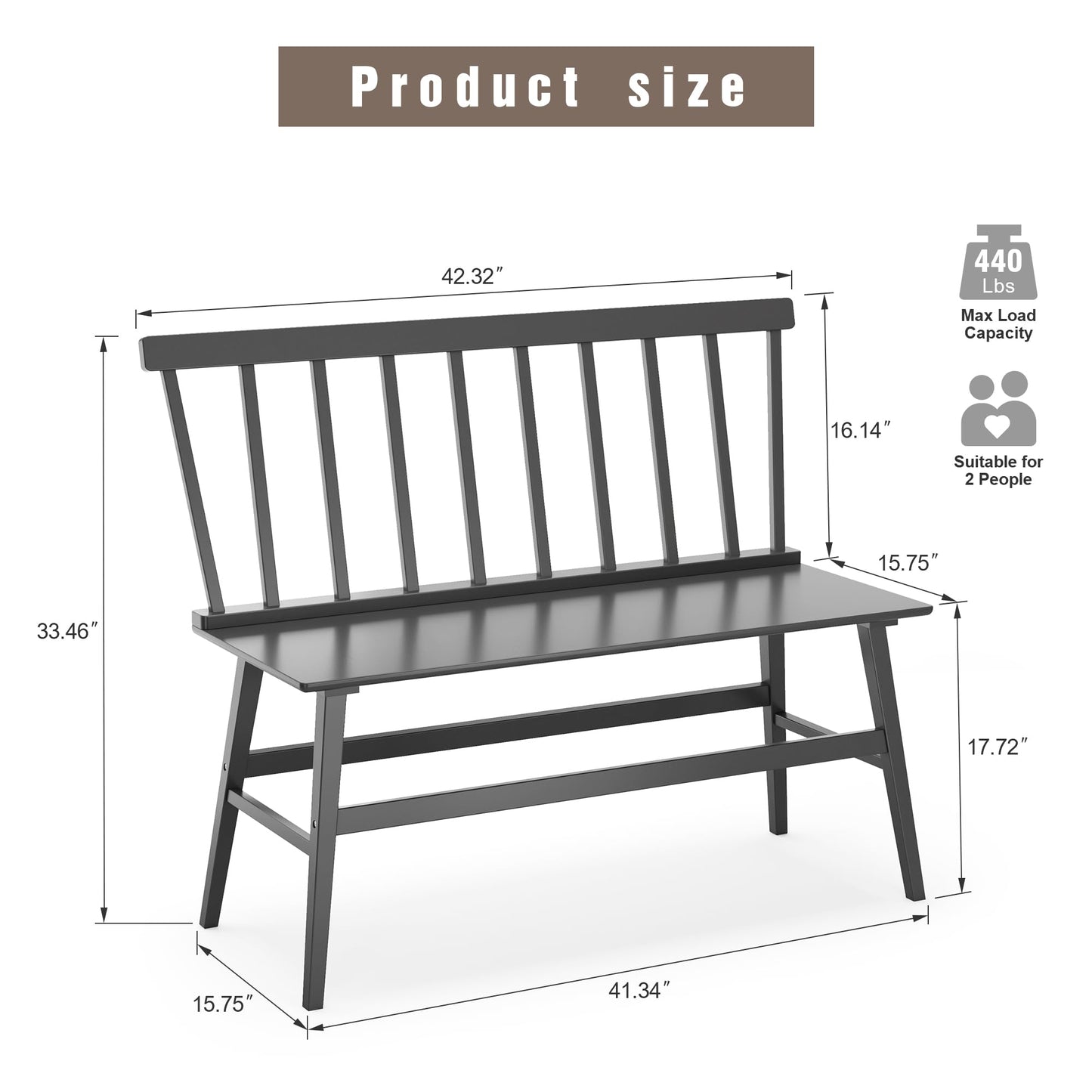 Wisuce Essentials Bamboo Dining Bench, Entryway Bench with Spindle Back Farmhouse Wood Windsor for Foyer Balcony Living Room (Black)