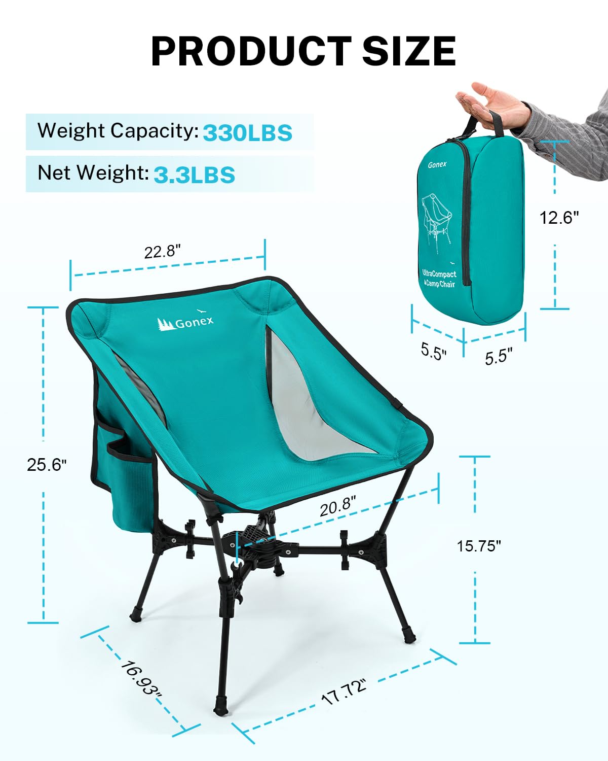 Gonex Portable Camping Chair, The 5th Gen Ultralight Compact Backpacking Foldable Lightweight Folding Chair for Outdoor Camp Hiking Beach Picnic Concert, Supports 330lbs (Lake Green, 2 PCS)