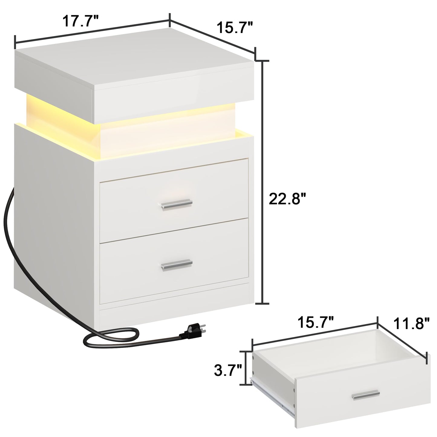 ChooChoo LED Nightstand with Charging Station, Smart Night Stand with Sliding Top Storage, 2-Drawers High Gloss Bedside Table, Modern End Table for Bedroom,White