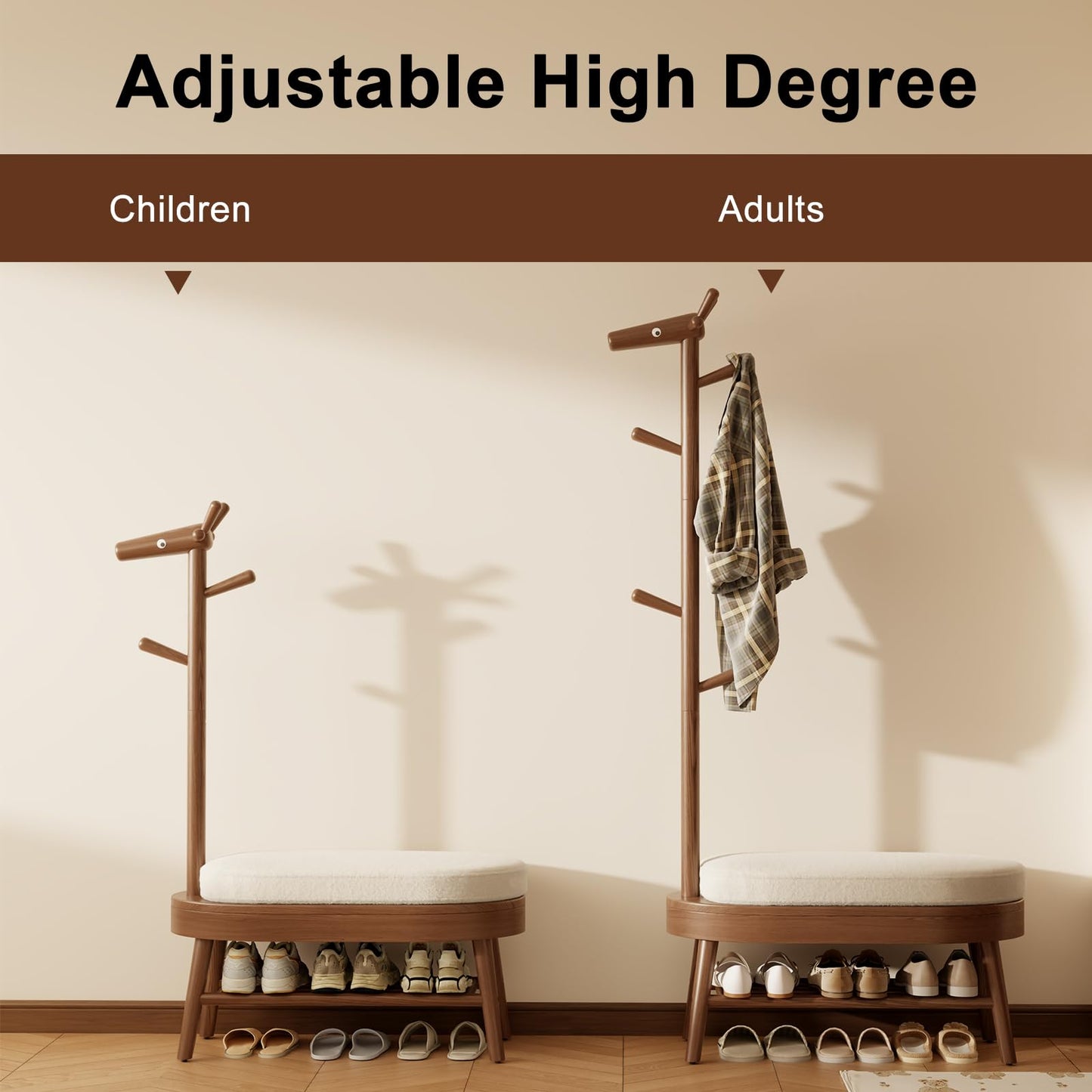 AQIMUELE Shoe Rack with Coat Rack, Wooden Shoe Bench with Upholstered Cushion, 3-in-1, 2-Tier Shoe Storage and Cute Animal Hooks for Entryway, Hallway, Closet (Walnut 32.2")