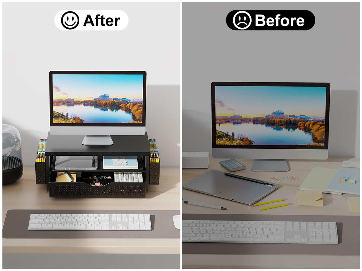 gianotter Monitor Stand Riser, Office Desk Shelf Organizer, Desk Organizer with Drawer and Pen Holder, 2-Tier Computer Stand, Office Organization (Ink)
