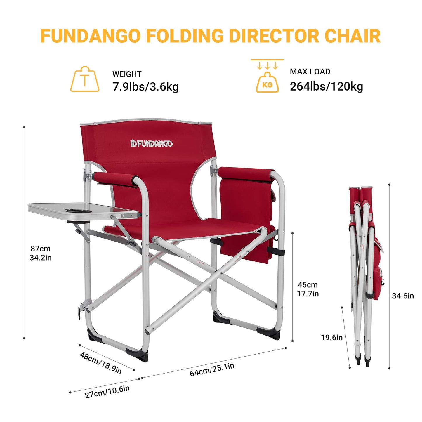 FUNDANGO Camping Chair with Side Table,Camping Director Chair with Armrest,Lawn Chair for Camping Fishing Picnic (Wine RED)