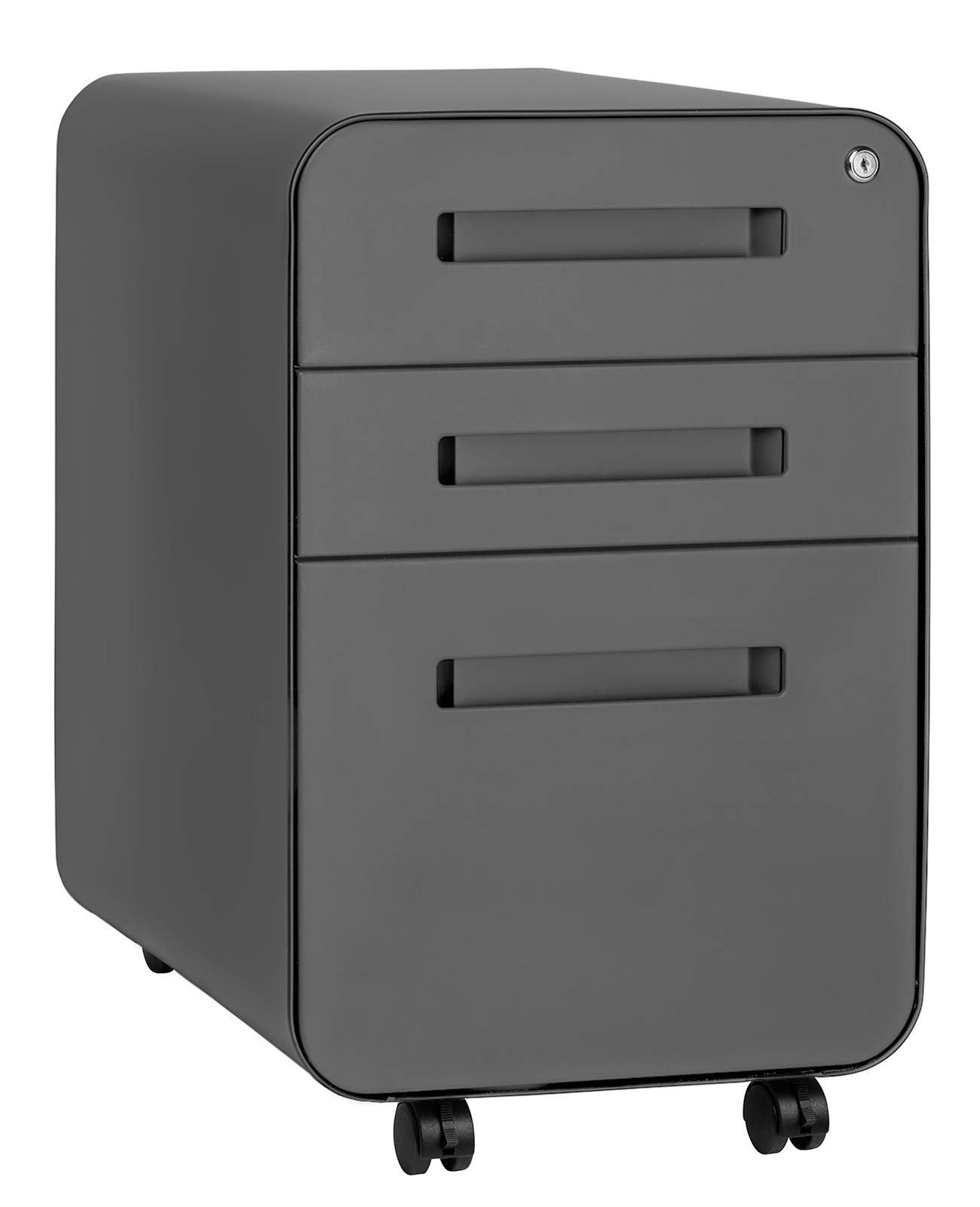 Laura Davidson Furniture Stockpile 3 Drawer File Cabinet with Lock - Under Office Desk Metal Filing Cabinet, Legal/Letter File Folders, Wheels and Stationary Feet, Pre-Assembled, Dark Grey
