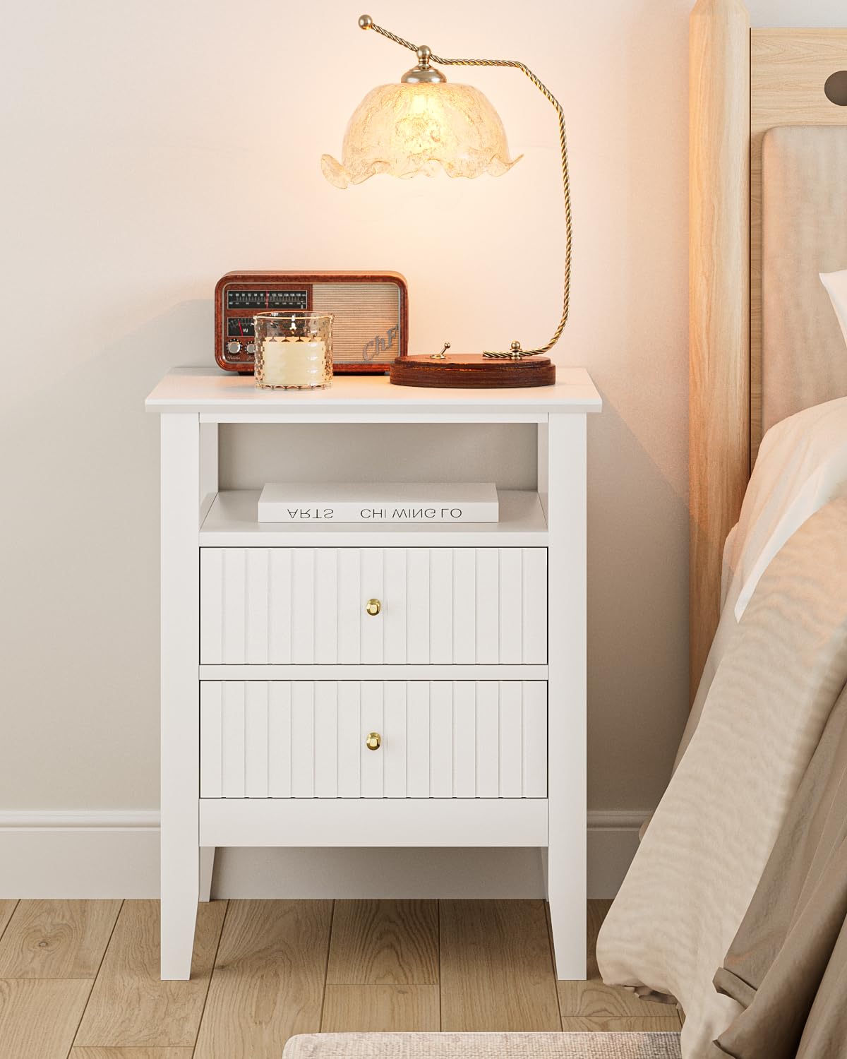 Apetaccat Fluted Nightstand, Farmhouse Night Stand with 2 Drawers, Mid Century Modern Side Accent Table,Bedside End Table for Bedroom, Living Room, White