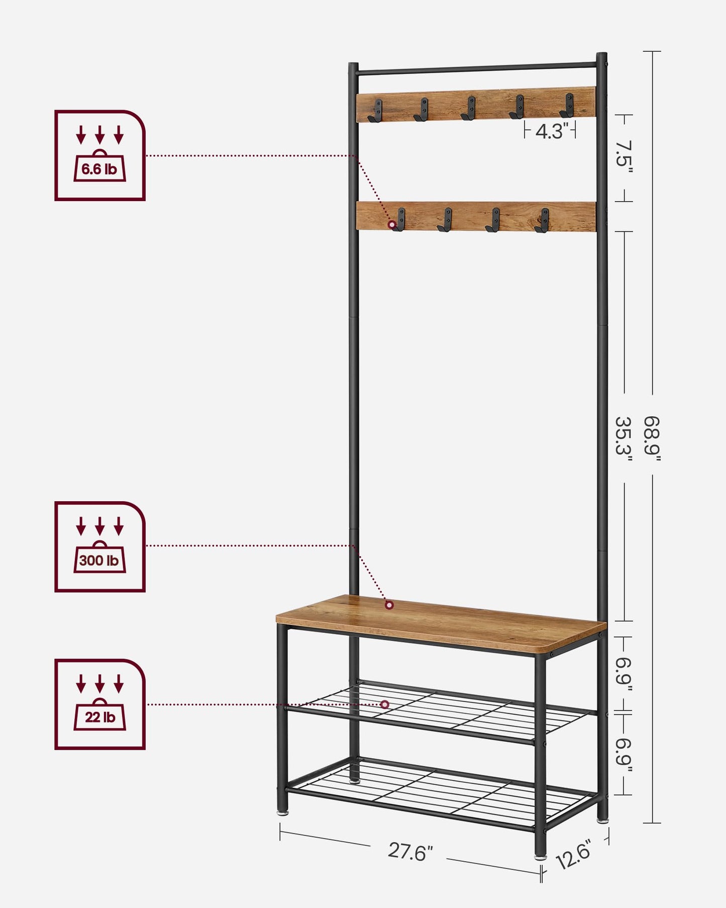 VASAGLE Coat Rack, Hall Tree with Shoe Storage Bench, Entryway Bench with Shoe Storage, 3-in-1, Steel Frame, for Entryway, 12.6 x 27.6 x 68.9 Inches, Industrial, Rustic Walnut and Black UHSR041B41