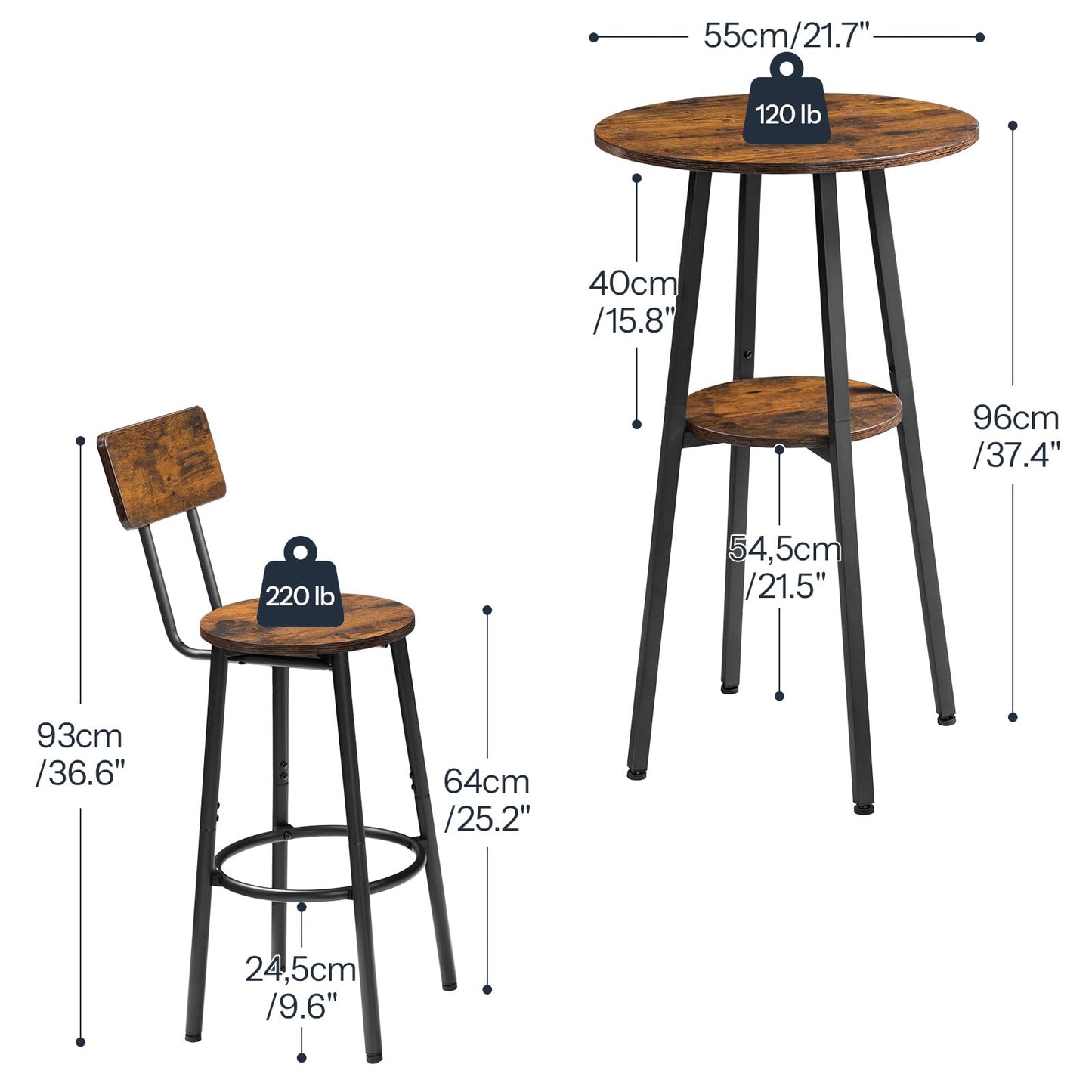 HOOBRO 3 Pieces Round Bar Height Table and Chairs Set, Round Dining Table Set, Pub Table and Chairs for Small Space, 2 Tier Kitchen Table and Bar Stools with Back, Rustic Brown BF35BT01