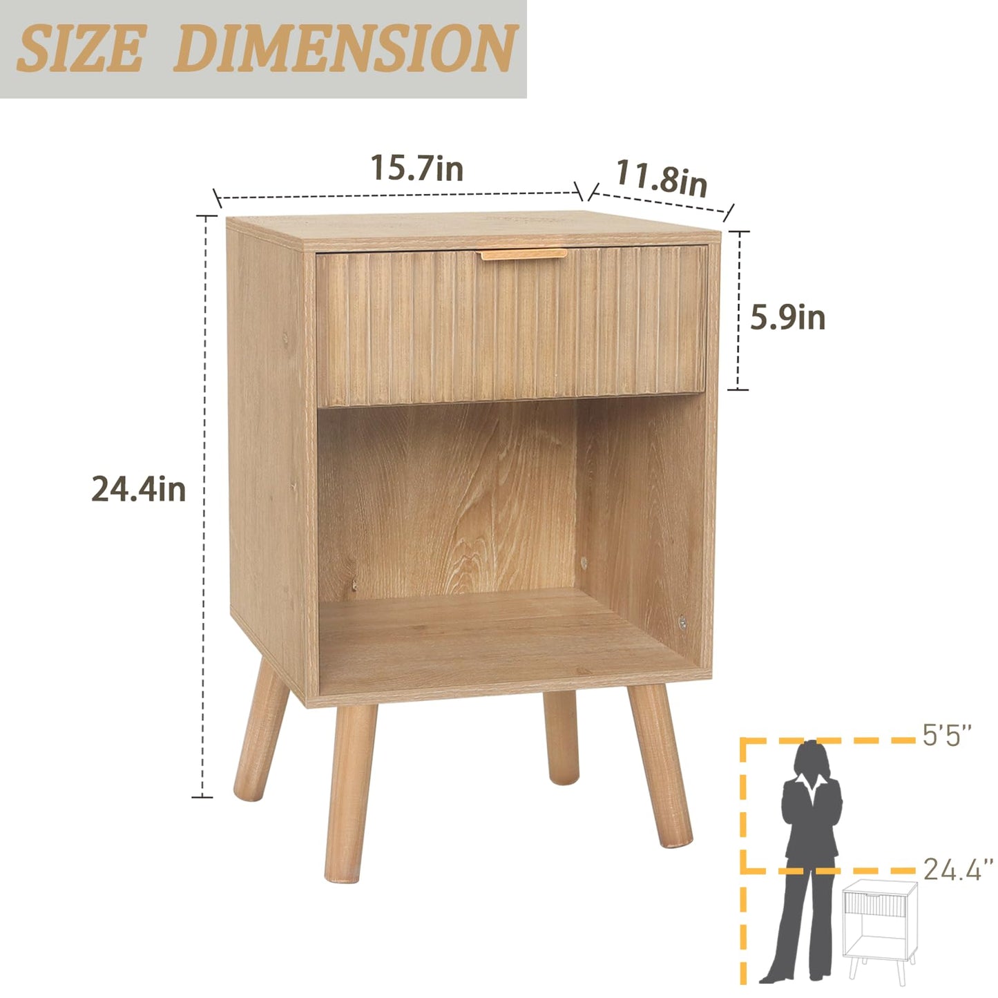 Fultyle Night Stand with Drawer, Mid Century Nightstand with Storage, Modern Fluted Bedside Table Bedroom Living Room for Small Space, Office (Rustic Walnut)