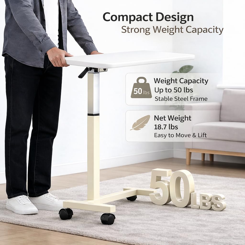 Premimax Adjustable Overbed Table with Wheels, Pneumatic Height Lift Rolling Bedside Table, Standing Desk for Home & Office Use, Ideal for Seniors & Limited Mobility(White)