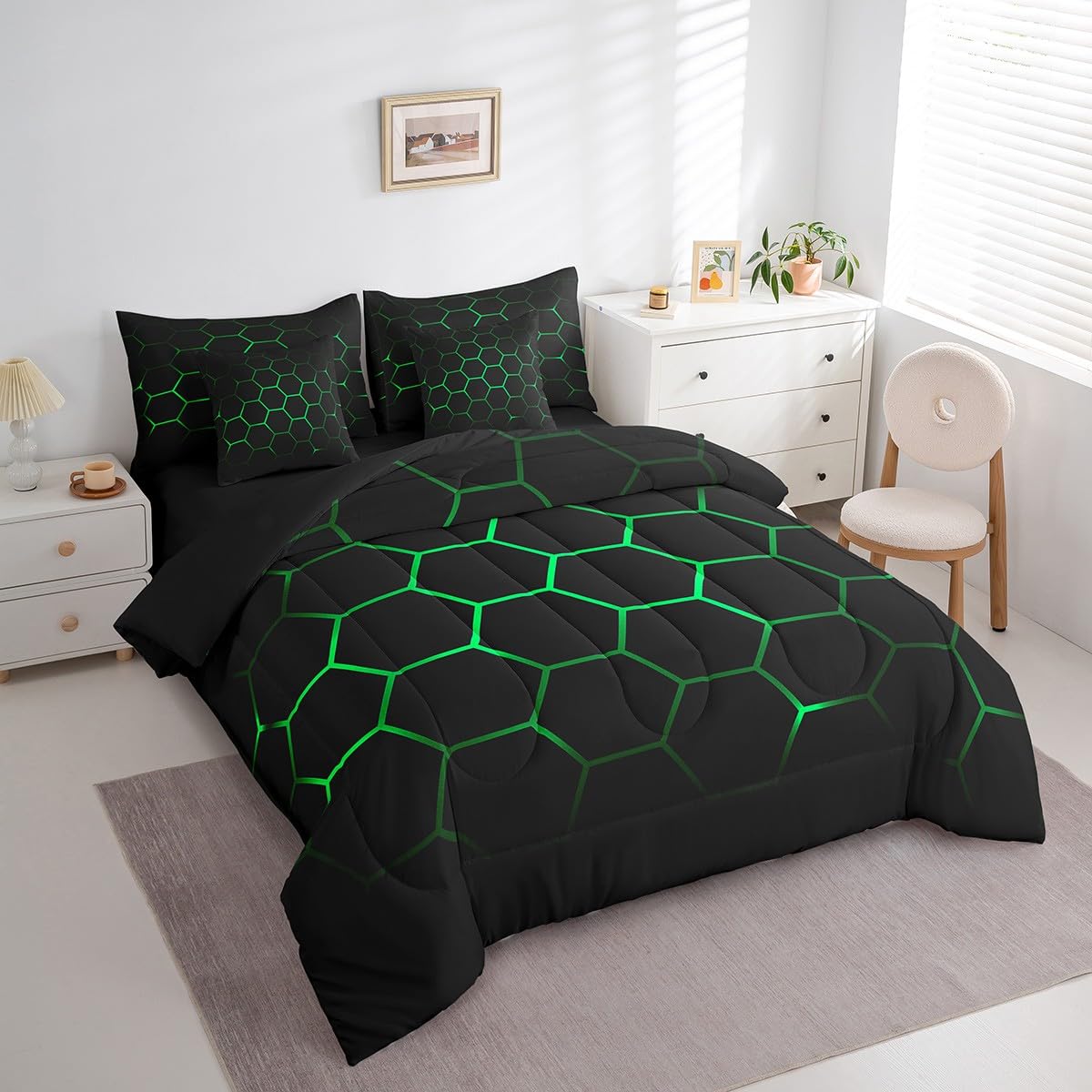 Feelyou Hexagonal Bed in a Bag 3D Geometric Honeycomb Comforter Set with Sheets for Kids Boys Girls Luxury Beehive Hexagon 7 Piece Bedding Set Neon Green Black Decor Bed Set Twin Size