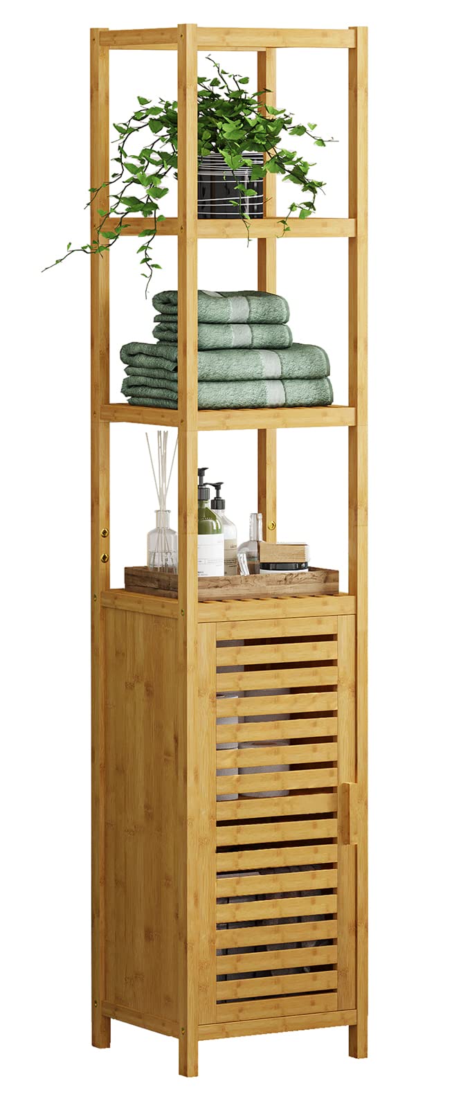 VIAGDO Storage Tall Slim Cabinet with Shutter Door and 3 Tier Shelves, Freestanding Linen Tower Cabinet for Living Room, Kitchen, Bathroom Organizer, Natural Bamboo