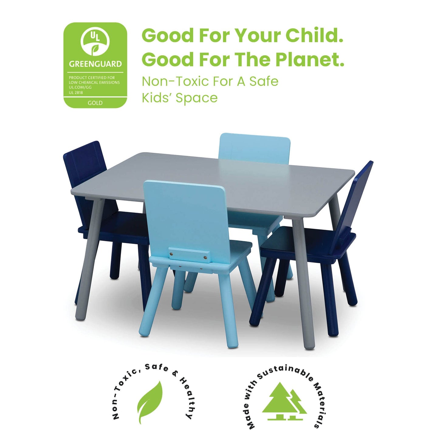 Delta Children Kids Table and Chair Set (4 Chairs Included), Grey/Blue & Design and Store 6 Bin Toy Organizer, Grey/Blue