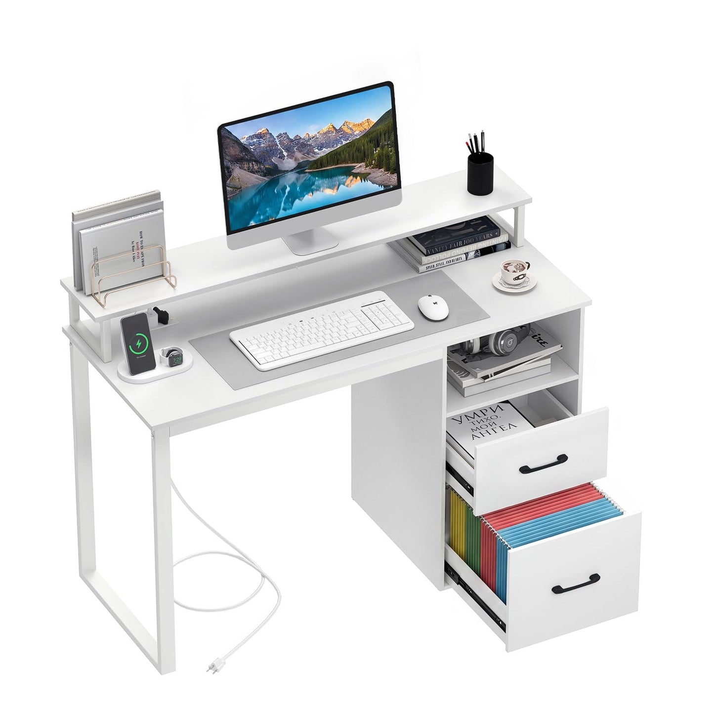 Tangkula Computer Desk with Storage Drawers & Shelves, 48" Home Office Desk with Monitor Stand & Power Outlets, Modern Study Work Writing Table, PC Laptop Desk for Small Spaces, Bedroom, White