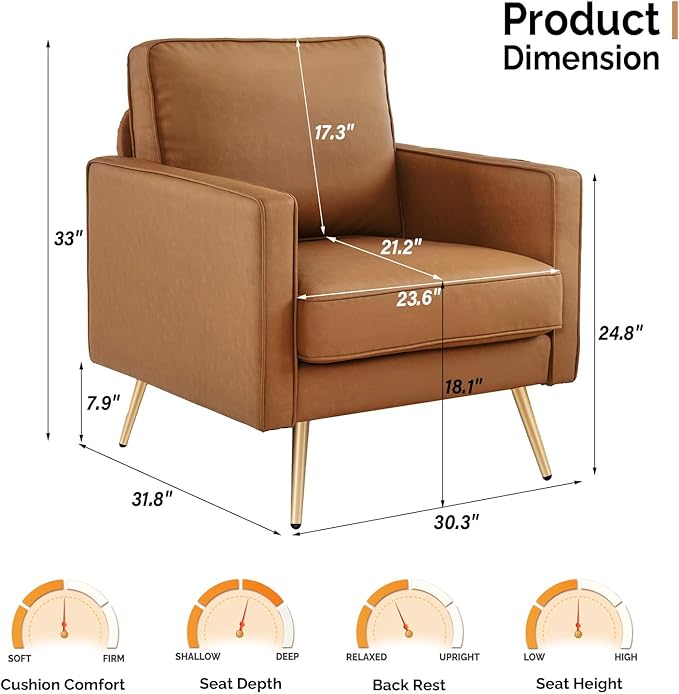 VINGLI PU Leather Accent Chair Brown Mid Century Modern Upholstered Sofa Chairs