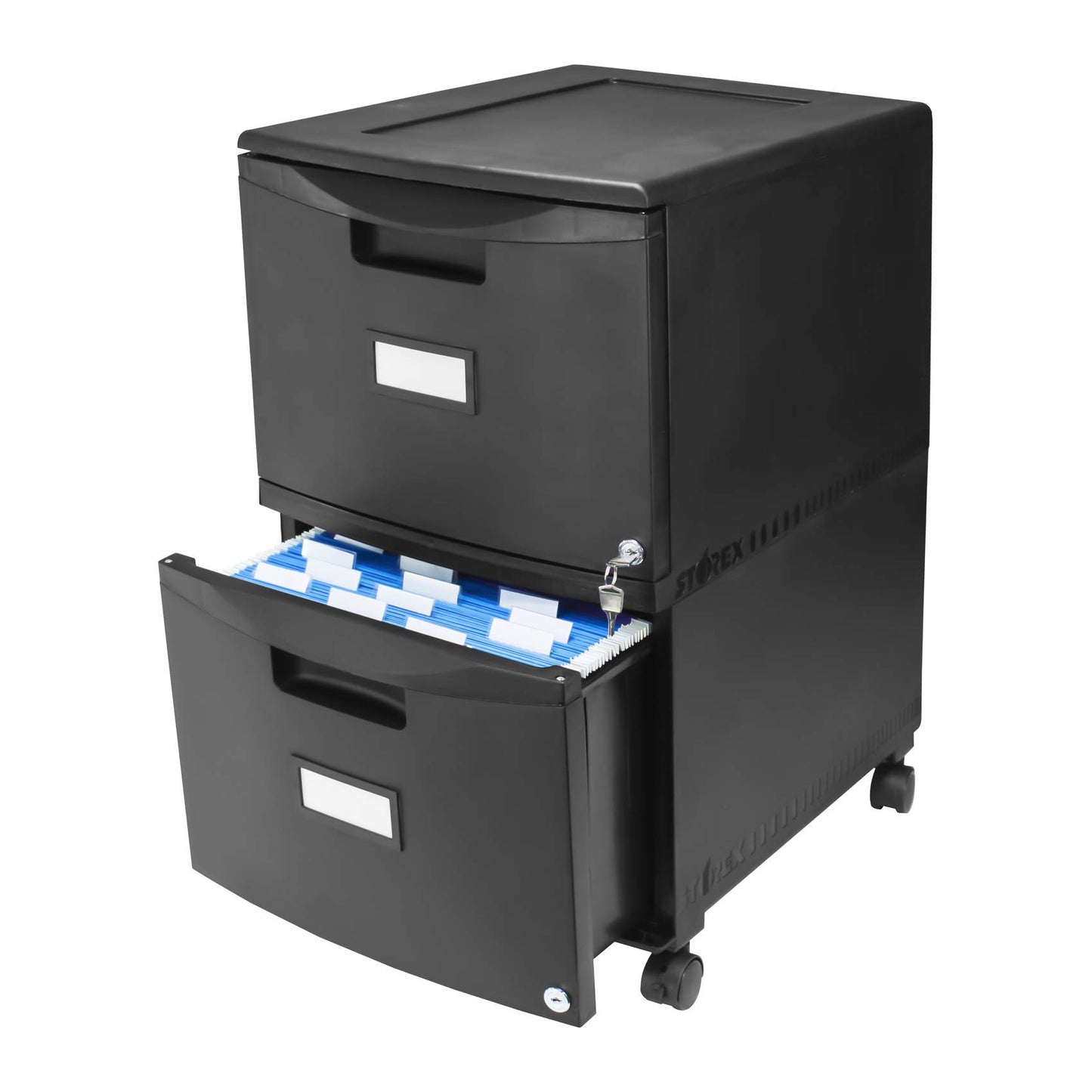 Storex Plastic Two-Drawer Mobile Pedestal File Cabinet – Locking Document Organizer with Casters for Home and Office, Black, 1-Pack (61312U01C)