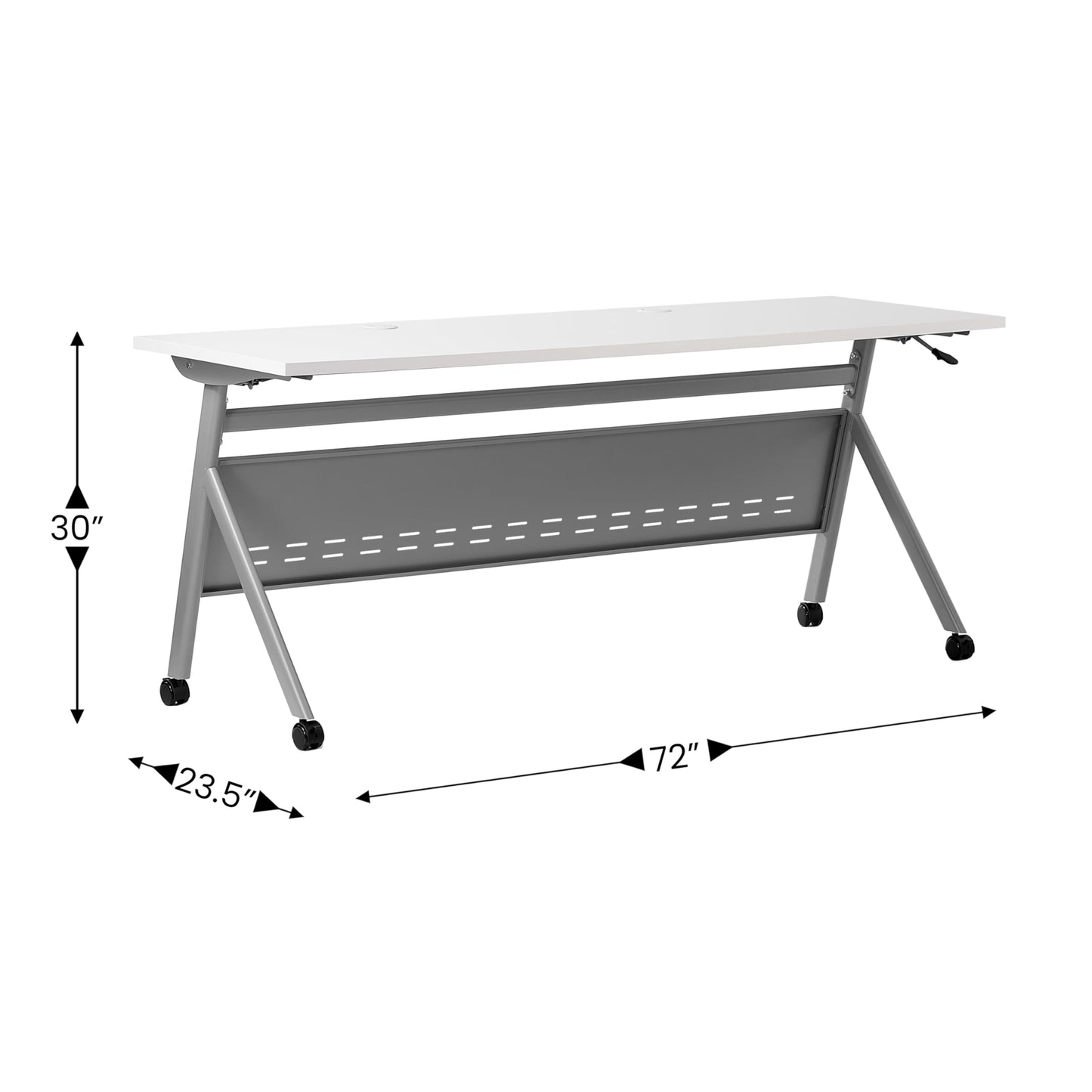 BizChair Commercial Grade 72" x 24" Heavy-Duty Nesting Flip Training Table with Y-Legs, Modesty Panel, 1" Thick White Tabletop, and Gray Steel Frame