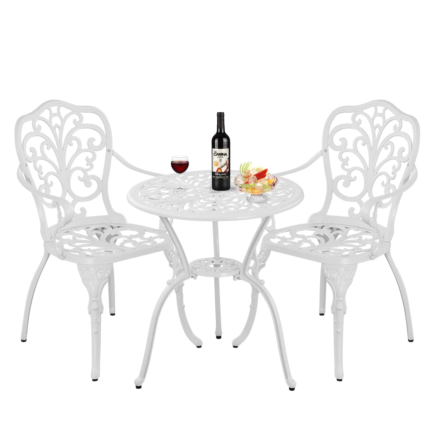 Withniture Patio Bistro Set 3 Piece Cast Aluminum Outdoor Bistro Set, Rust Resistance Bistro Table and Chairs of 2 with Umbrella Hole, Small Patio Set for Garden Outside, White