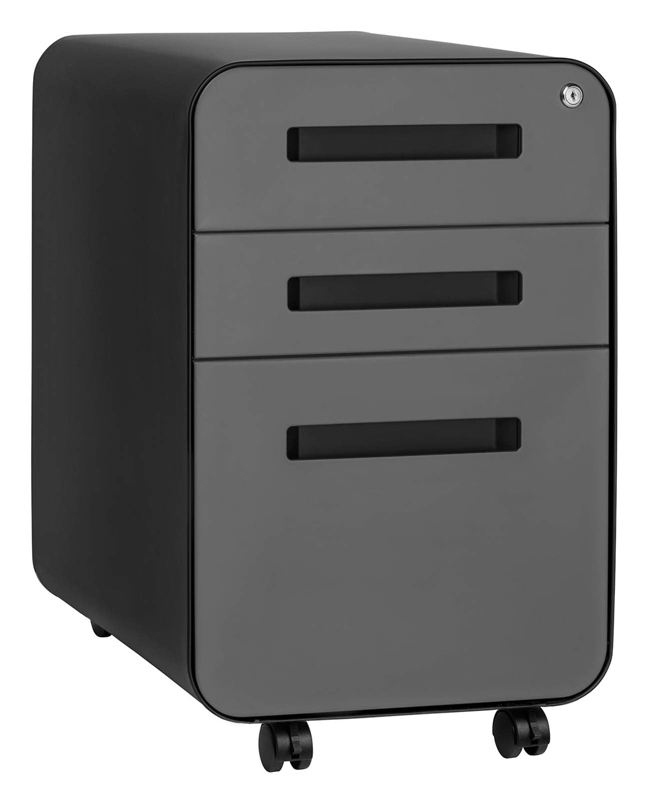 Laura Davidson Furniture Stockpile 3 Drawer File Cabinet with Lock - Under Office Desk Metal Filing Cabinet, Legal/Letter File Folders, Wheels and Stationary Feet, Pre-Assembled, Black/Grey