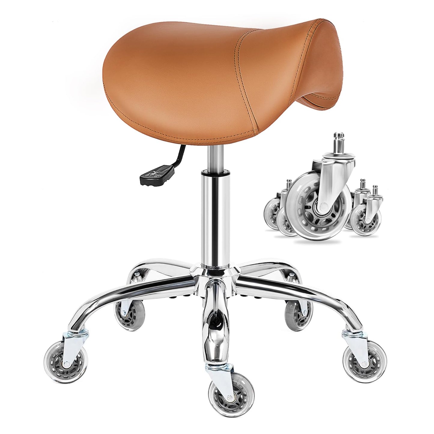 BEWISHOME Saddle Stool with Wheels, Ergonomic Contoured Seat, Thick Cushioned PU Leather Swivel Saddle Chair with Adjustable Height for All-Day Comfort, for Salon, Clinic, Studio and OfficeBMD01Z
