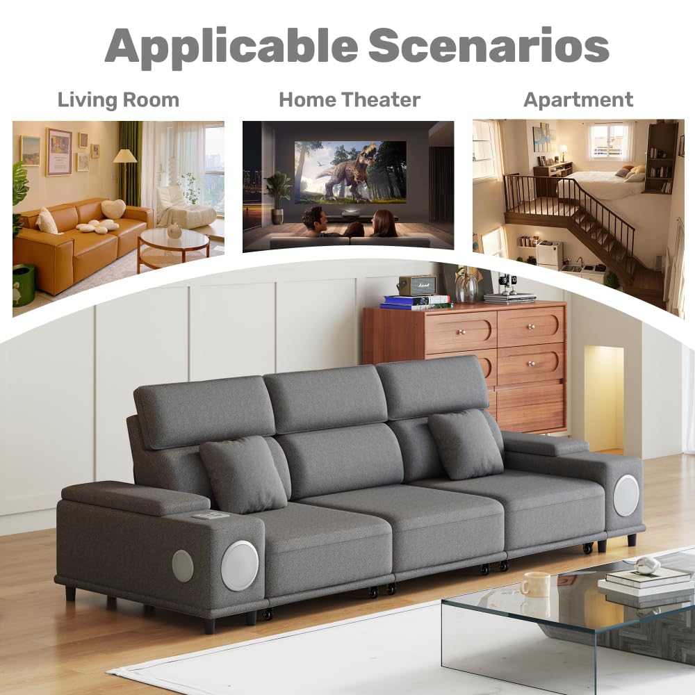 3-Seater Power Recliner Sofa with Remote Control, Bluetooth Speakers & Wireless Charging, Electric Reclining Sectional Couch with 2 Storage Boxes, USB Ports, for Living Room
