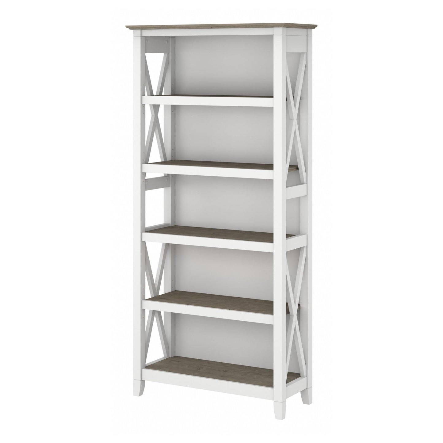 Bush Home Tall 5 Shelf Bookcase for Living Room or Home Office, Large Bookshelf, Modern Farmhouse Style, Key West Collection, Pure White and Shiplap Gray