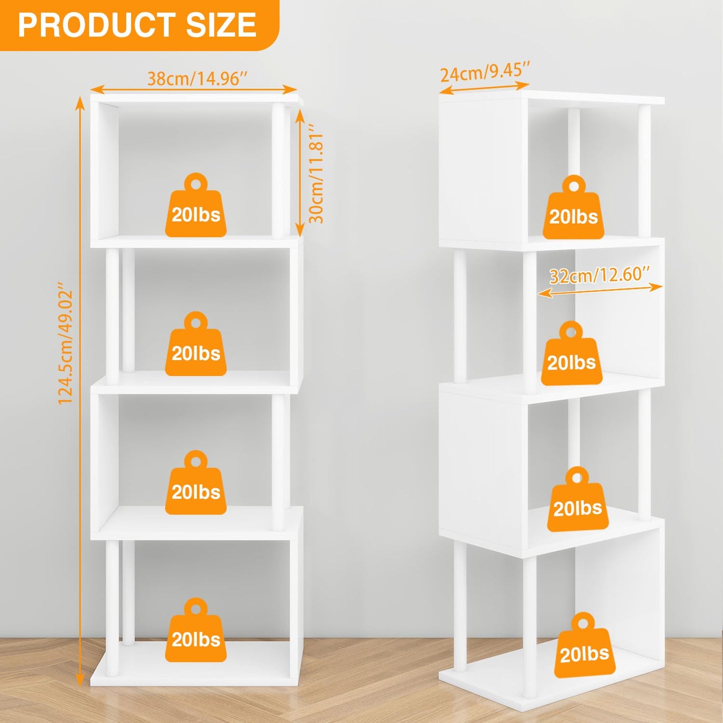IBUYKE 5-Tier Tall Bookshelf,S-Shaped Geometric Bookcase, Wood Display Shelves with Storage,Modern Bookshelf for Living Room Bedroom, Home Office, White WBC015W