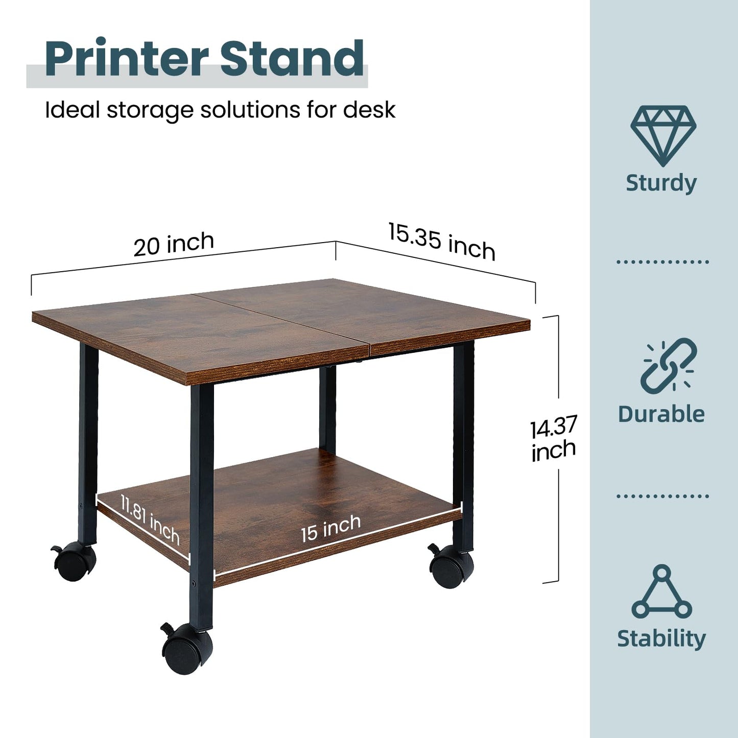 SwaaVee Printer Stand, 2-Tier Under Desk Printer Stand, Printer Cart with Wheels for Home, Office, Heavy-Duty Storage Shelf, Rustic Brown