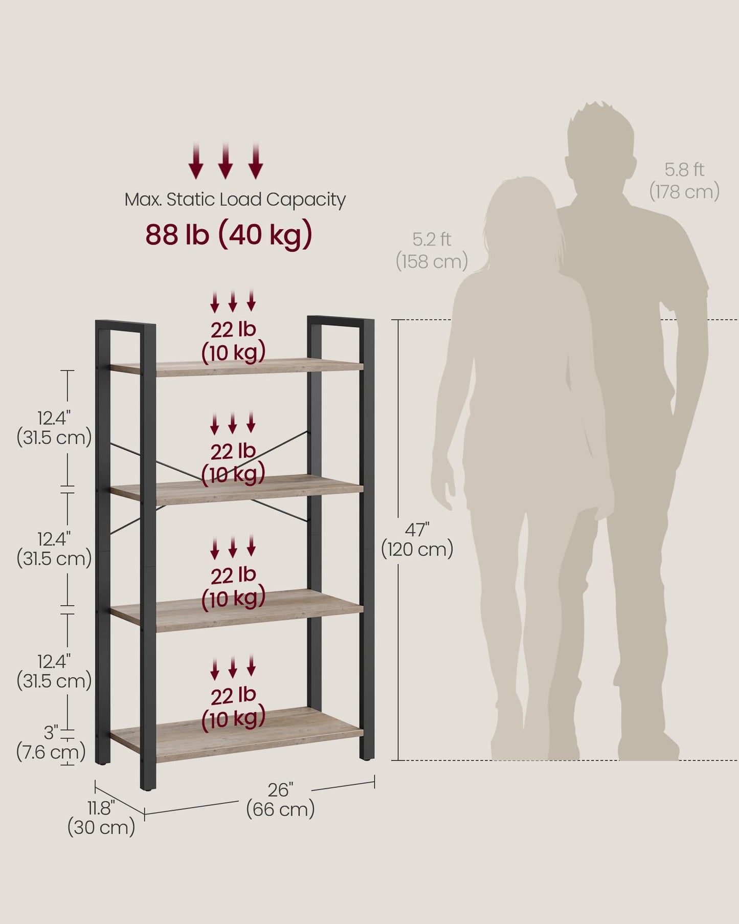 VASAGLE 4-Tier Bookshelf, Bookcase with Steel Frame, Book Shelf for Living Room, Home Office, Study, 11.8 x 26 x 47 Inches, Industrial Style, Heather Greige and Ink Black ULLS060B02