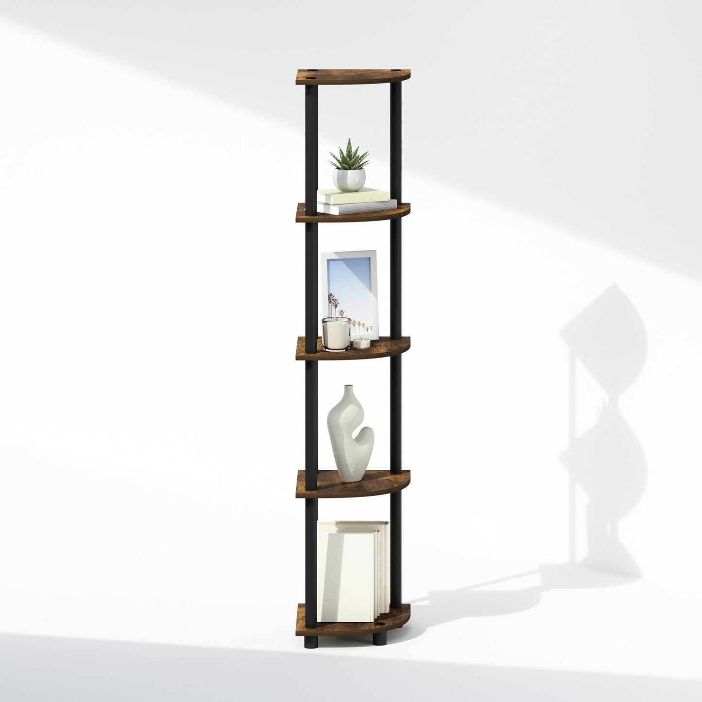 Furinno Turn-N-Tube Storage Shelves, 5-Tier Book Shelf, Corner Shelf, Toolless Open Shelves, for Organization and Storage, Living Room, Home Office, Hallway, Bedroom, Amber Pine